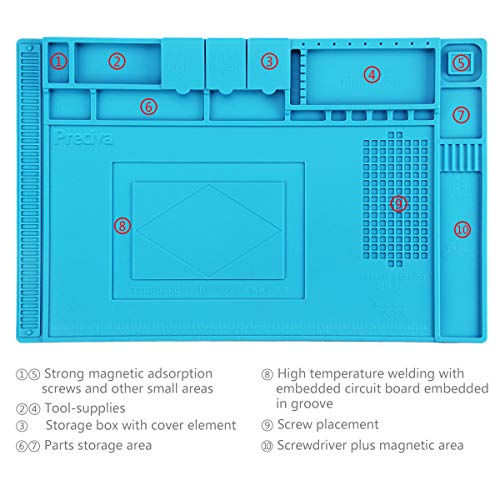 Alfombrilla para Soldadura,Preciva Almohadilla de trabajo Silicone Aislamiento con Mantenimiento Magnético 45x30cm Silicone Pad Ideal al alta temperatura -50~500 C°para Reparación Móviles