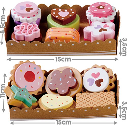 Alimento de juguete, Selección de 6 Galletas de Madera y 6 tortas de madera , (12 piezas) con la selección y cartón resistente bandeja de papel