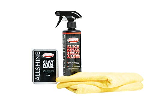 All Shine - Kit completo de pastilla de arcilla de 200 g que incluye lubricante en pulverizador y dos paños de pulido de microfibra grandes; ideal para limpieza de pintura y descontaminación antes de encerar