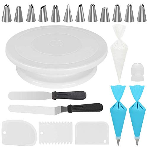 Alliebe Cake Decorating Kits Suministros con plato giratorio de pastel de 11 pulgadas 12 consejos numerados de decoración de pasteles 2 espátulas de hielo 3 batidor de hielo