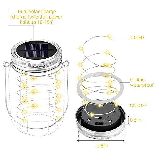 ALLOMN Luces solares tarro albañil, 5PCS Luz solar jardín IP67 Luz jardín a prueba agua Luz colgante Patio Patio Luz hadas Encendido y apagado automático, 20 LED (Blanco Cálido No incluye el tarro)