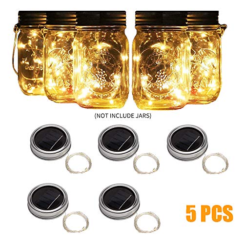 ALLOMN Luces solares tarro albañil, 5PCS Luz solar jardín IP67 Luz jardín a prueba agua Luz colgante Patio Patio Luz hadas Encendido y apagado automático, 20 LED (Blanco Cálido No incluye el tarro)