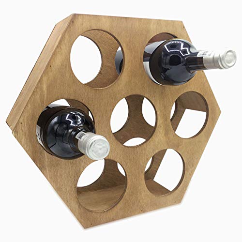 ALLPER Botellero de Vino, Soporte para Botellas, Madera Resistente. Estantería para Bebidas. Medidas: 34,5 x 34,5 x 11,5 cm. Marrón. Capacidad para 7 Botellas. 7 Agujeros. Forma Redondeada HEXÁGONAL.