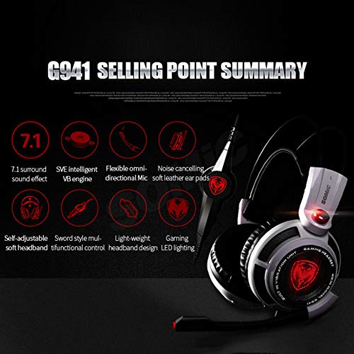 Almabner Gaming Headset para PC Gamer,G941 USB carga auriculares virtuales, auriculares para juegos con sonido envolvente 7.1 estéreo