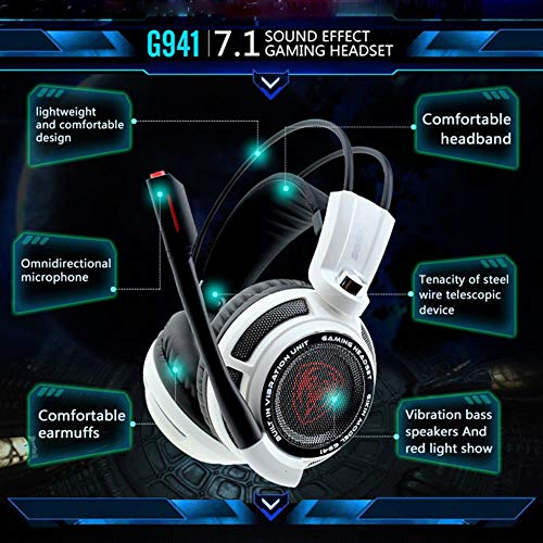 Almabner Gaming Headset para PC Gamer,G941 USB carga auriculares virtuales, auriculares para juegos con sonido envolvente 7.1 estéreo