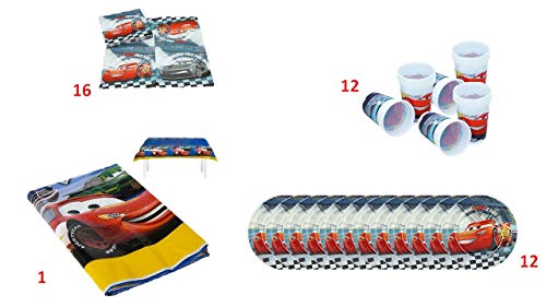 ALMACENESADAN 1074 Pack Fiesta y cumpleaños Disney Cars, Compuesto por 1 Mantel de plástico Fiesta 120x180, 16 servilletas, 12 Platos y 12 Vasos (41 Piezas).