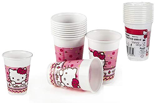 ALMACENESDAN, 0447, Pack Desechables Fiestas y cumpleaños Hello Kitty, 16 Platos 19,5 cm, 20 Vasos 200 ML, Pack 20 servilletas Hello Kitty