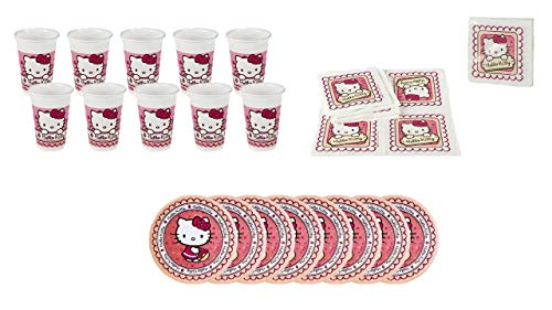 ALMACENESDAN, 0501, Pack Desechables Fiestas y cumpleaños Hello Kitty, 8 Platos 19,5 cm, 10 Vasos 200 ML, Pack 20 servilletas Hello Kitty