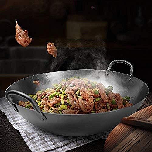 Alqn Wok, sartén de hierro fundido, fondo redondo de doble oreja con tapa de acero inoxidable, apto para todos los diámetros de vitrocerámica Wok de 43 cm