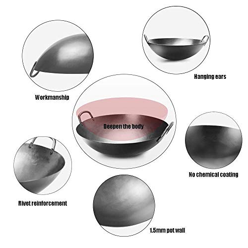 Alqn Wok, sartén de hierro fundido, fondo redondo de doble oreja con tapa de acero inoxidable, apto para todos los diámetros de vitrocerámica Wok de 43 cm