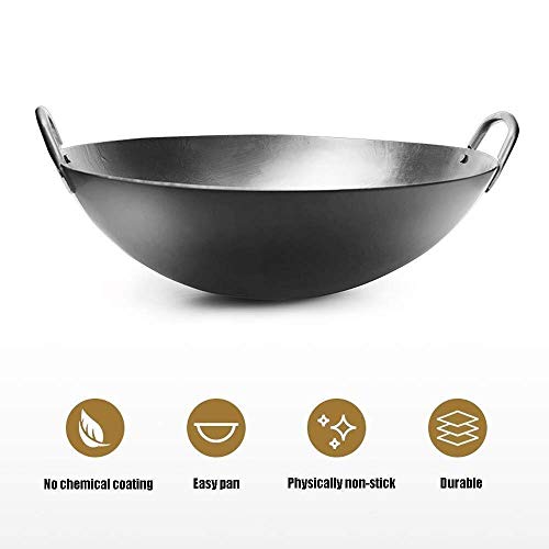 Alqn Wok, sartén de hierro fundido, fondo redondo de doble oreja con tapa de acero inoxidable, apto para todos los diámetros de vitrocerámica Wok de 43 cm