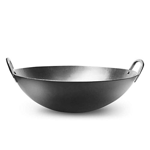 Alqn Wok, sartén de hierro fundido, fondo redondo de doble oreja con tapa de acero inoxidable, apto para todos los diámetros de vitrocerámica Wok de 43 cm