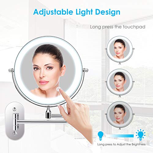 alvorog Espejo de Maquillaje con Luz LED y 1x/5x Aumento Espejos, Espejo de Pared con Doble Cara de 360° Rotación, Luz Ajustable y 0.5h Apagado Automático para Baño, Tocador, Hotel (Plata)