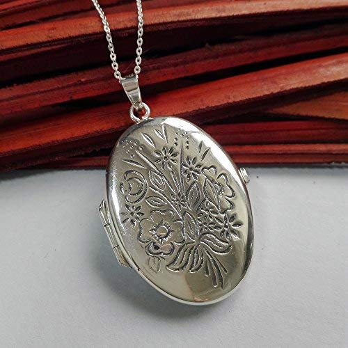 Alylosilver Collar Colgante Guardapelo de Plata De Ley para Mujer Oval con Flores - Incluye una Cadena de Plata de 45 cm y un Estuche para Regalo