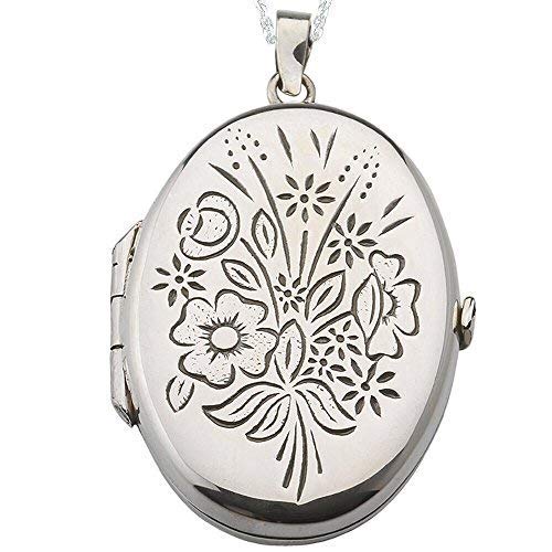 Alylosilver Collar Colgante Guardapelo de Plata De Ley para Mujer Oval con Flores - Incluye una Cadena de Plata de 45 cm y un Estuche para Regalo