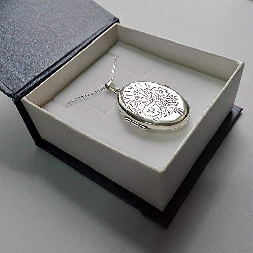 Alylosilver Collar Colgante Guardapelo de Plata De Ley para Mujer Oval con Flores - Incluye una Cadena de Plata de 45 cm y un Estuche para Regalo