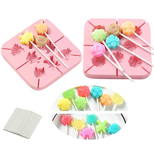 AMACOAM Molde Piruletas Molde Silicona Reposteria Piruleta Bandejas Moldes de Silicona para Fondant Forma de Monstruo e Flores Molde de Silicone para Piruletas Haciendo con 20 Palitos de Pastel 2 Pcs