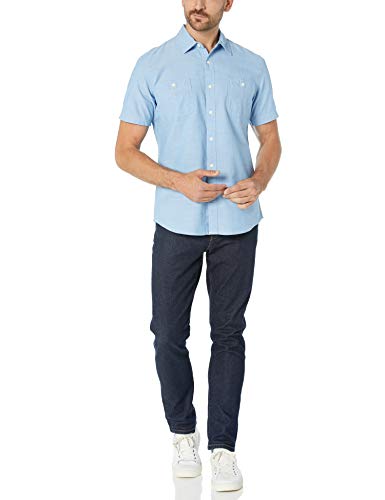 Amazon Essentials - Camisa de cambray con manga corta y corte entallado para hombre, Azul claro, US S (EU S)