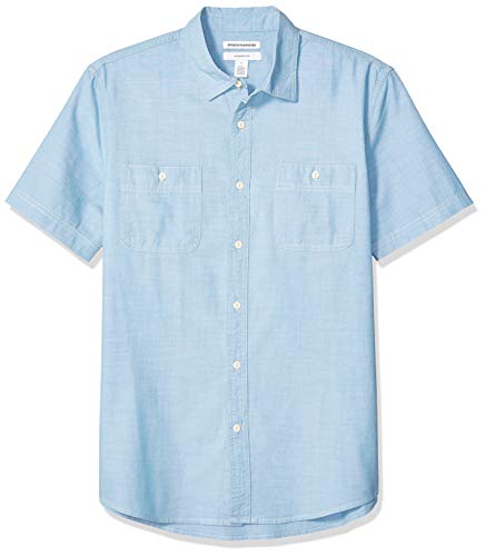 Amazon Essentials - Camisa de cambray con manga corta y corte entallado para hombre, Azul claro, US S (EU S)