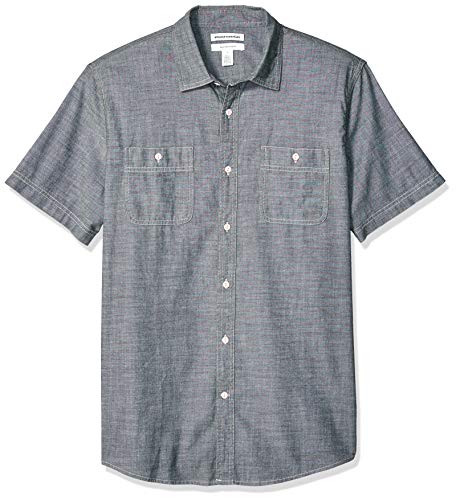 Amazon Essentials - Camisa de cambray de manga corta para hombre, gris, US S (EU S)