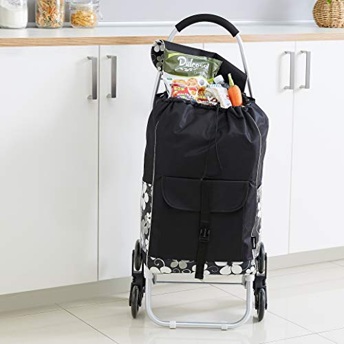 AmazonBasics - Carrito de la compra con 6 ruedas y asas de aluminio, 50 litros, flores negras