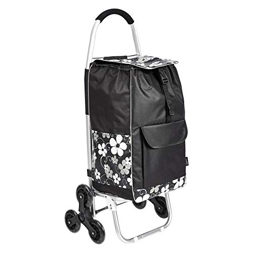 AmazonBasics - Carrito de la compra con 6 ruedas y asas de aluminio, 50 litros, flores negras