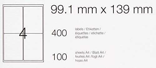 AmazonBasics - Etiquetas de dirección multiusos, 99.1mm x 139 mm, 100 hojas, 4 etiquetas por hoja, 400 etiquetas