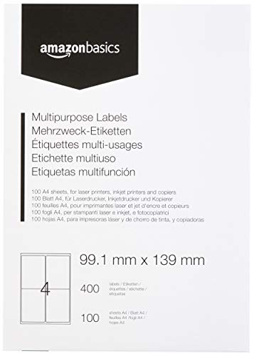 AmazonBasics - Etiquetas de dirección multiusos, 99.1mm x 139 mm, 100 hojas, 4 etiquetas por hoja, 400 etiquetas