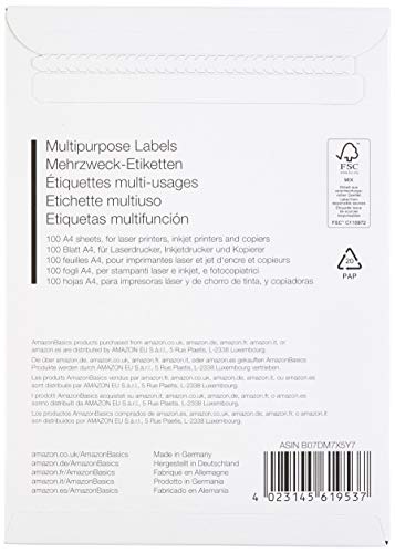 AmazonBasics - Etiquetas de dirección multiusos, 99.1mm x 139 mm, 100 hojas, 4 etiquetas por hoja, 400 etiquetas