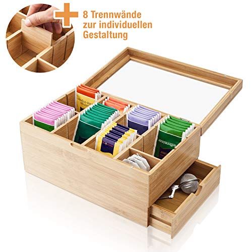 Amazy Caja para té de bambú – Caja de madera para té con 8 compartimentos, cristal templado y cajón para el almacenamiento de té (en bolsas) y otros accesorios