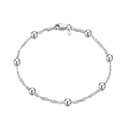 Amberta® Joyería - Pulsera - Fina Plata De Ley 925 - Cadena de Singapur con Perlas - 1.4/4 (mm) - 18 19 cm (18cm)