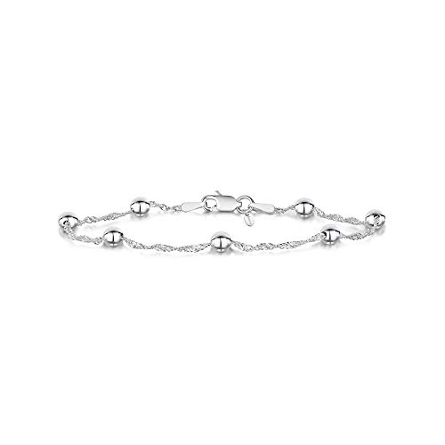 Amberta® Joyería - Pulsera - Fina Plata De Ley 925 - Cadena de Singapur con Perlas - 1.4/4 (mm) - 18 19 cm (18cm)