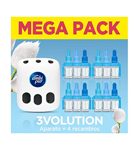 Ambi Pur 3Volution Mega Starter Pack Nubes de Algodón Ambientador Eléctrico, 4 Recambio con 3 Fragancias Que Se Alternan Para Eliminar Olores - 21 ml