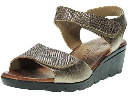 Amelie 853 Sandalia Piel | Comodona Ancho Especial | Cuña de 4 Cm con Planta Gel | Ajustes con Velcro | para Mujer Onix Talla 39