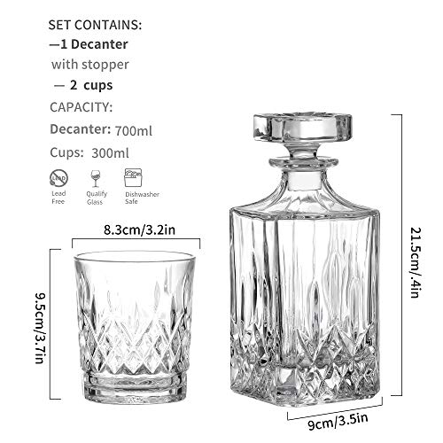 Amisglass- Decantador y Vasos de Whisky Set con Cuerpo Grabado, Juego Aireador de Whiskey y Vaso Whisky de Vidrio de Cristal, 100% sin Plomo, Set de 3 Piezas - 1 Jarra (700 ml) y 2 Vasos (300 ml)