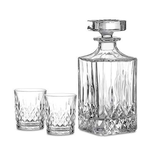 Amisglass- Decantador y Vasos de Whisky Set con Cuerpo Grabado, Juego Aireador de Whiskey y Vaso Whisky de Vidrio de Cristal, 100% sin Plomo, Set de 3 Piezas - 1 Jarra (700 ml) y 2 Vasos (300 ml)