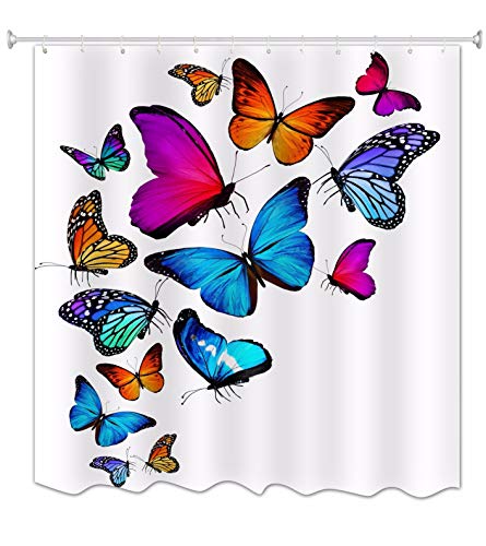 A.Monamour Cortinas de Ducha Fondos Blancos Mariposas De Colores Volando Imprimir Tela De Poliéster Cortina De Ducha Resistente Al Moho Impermeable con Ganchos para Bañeras De Baño 180x200 cm