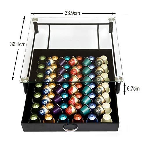 Amtido - Dispensador de Cápsulas Nespresso Soporte con Cajón Portacápsulas para Cafetera de Vidrio Templado con Capacidad para Guardar y Exhibir 42 Cápsulas de Café