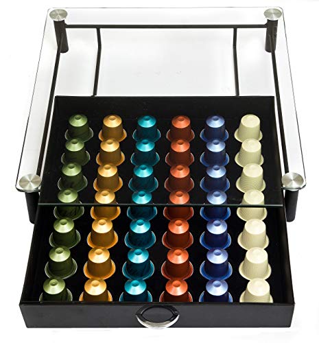 Amtido - Dispensador de Cápsulas Nespresso Soporte con Cajón Portacápsulas para Cafetera de Vidrio Templado con Capacidad para Guardar y Exhibir 42 Cápsulas de Café