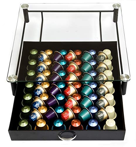 Amtido - Dispensador de Cápsulas Nespresso Soporte con Cajón Portacápsulas para Cafetera de Vidrio Templado con Capacidad para Guardar y Exhibir 42 Cápsulas de Café