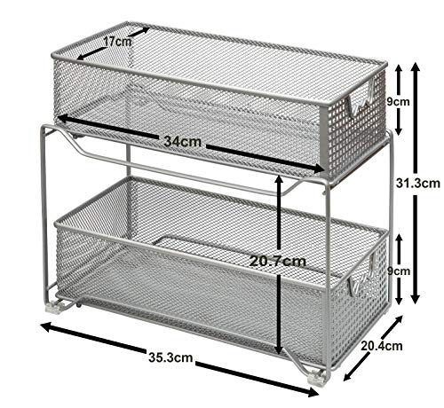 Amtido - Organizador de armario de 2 niveles para cocina, baño, cajones extraíbles para debajo del fregadero, color plateado