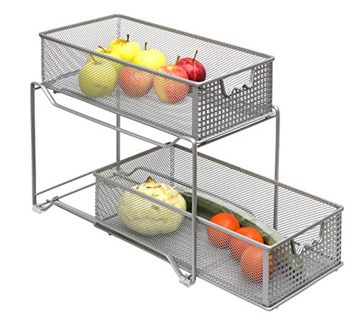 Amtido - Organizador de armario de 2 niveles para cocina, baño, cajones extraíbles para debajo del fregadero, color plateado