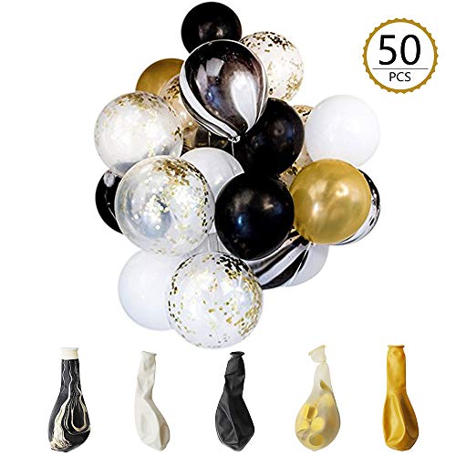 anaoo Globos de Fiesta para Decoraciones Cumpleaños, Bodas, Navidad, Reunión Ceremonia, 50pcs de Color Negro, Blanco y Oro