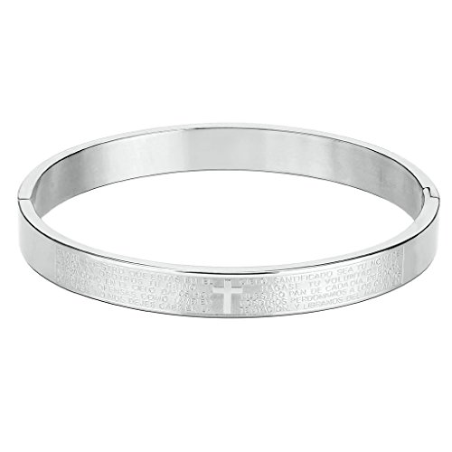 AnaZoz Joyería de Moda Acero Inoxidable Pulsera de Hombre Forma Grabado Cruz y Biblia Plata Pulsera Para Hombre