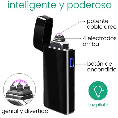 AngLink Mechero Eléctrico, Encendedor Electrico Doble Arco, USB Recargable sin Llama Resistente al Viento Plasma Encendedor con Cable USB y Caja de Regalo (Negro Brillante)