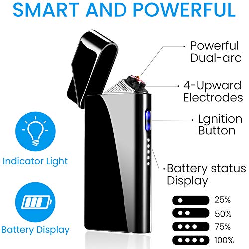 AngLink Mechero Electrico, Encendedor USB Doble Arco Eléctrico - Mechero Recargable y Resistente al Viento con Indicación de Batería para Cigarrillos Velas Cocina (Caja de Regalo)