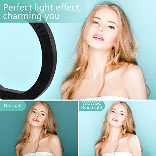 Anillo de Luz LED, WOWGO 10'' Aro de Luz con Trípode, 3 Colores 11 Brillos Regulables Bluetooth Control Remoto, Soporte Giratorio de teléfono para Selfie, Maquillaje, Youtube, TIK Tok Live