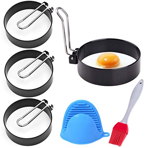 Anillos de Huevo Antiadherentes, KECRULV 4 Piezas Moldes Para Huevos Fritos de Acero Inoxidable con Cepillo para Hornear de Silicona y Guantes de Silicona para Horno, para Huevos Frito y Panqueques