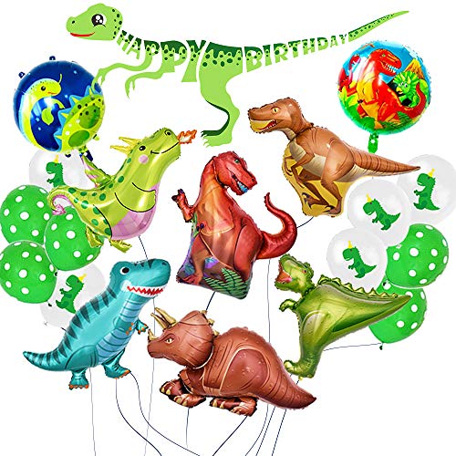 Ánimo Globo Dinosaurio de Decoración para Fiesta,Paquete Completo incluye Dinosaurios Grande x8 más Pelotas Dinosaurios x10 y Un Chulo Happy Birthday Dino Banner,Regalo Ideal para Decorar Un Cumple