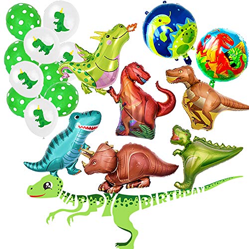 Ánimo Globo Dinosaurio de Decoración para Fiesta,Paquete Completo incluye Dinosaurios Grande x8 más Pelotas Dinosaurios x10 y Un Chulo Happy Birthday Dino Banner,Regalo Ideal para Decorar Un Cumple